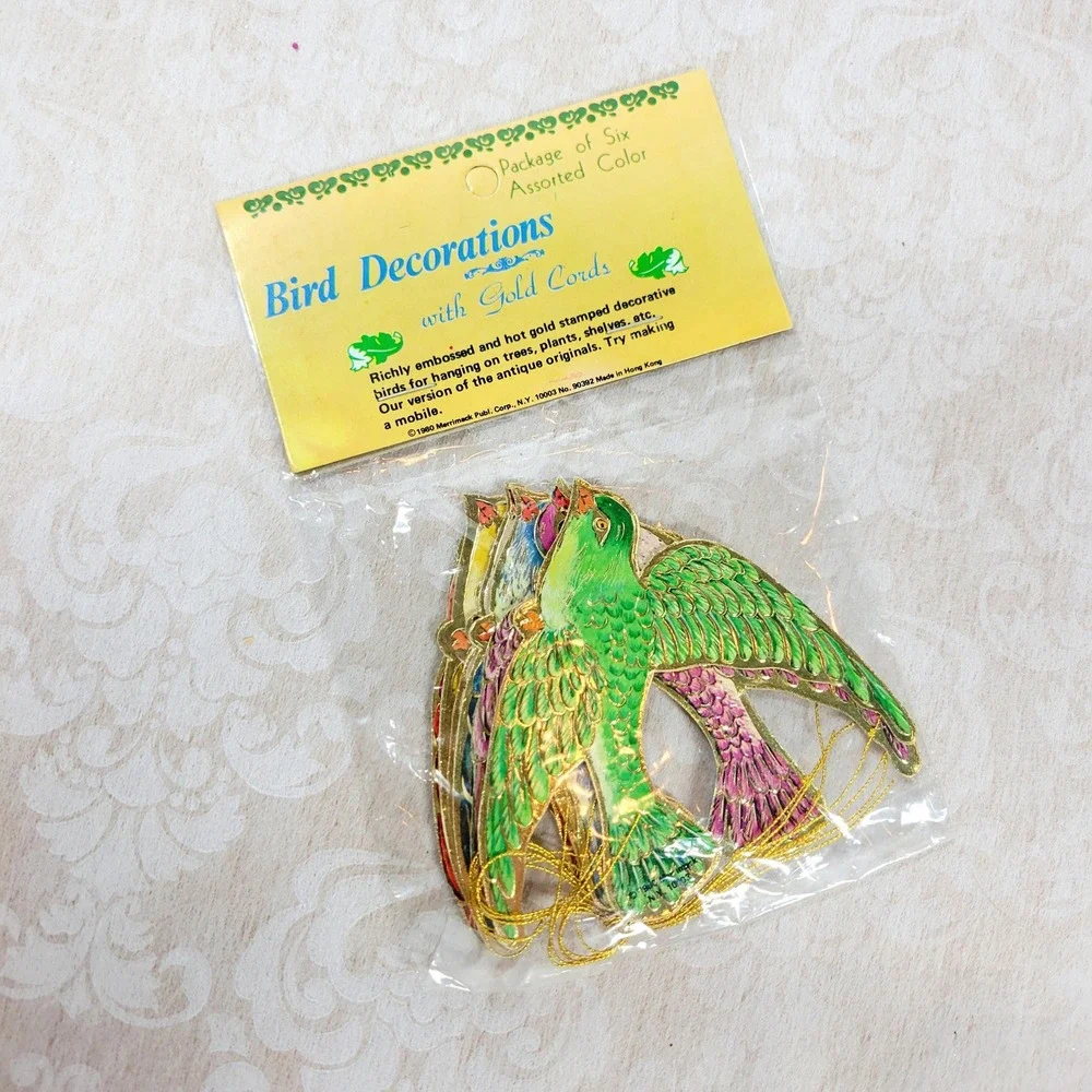 Vintage 1980 Merrimack Die Cut Bird Ornaments New Old Stock Embossed set of 6
